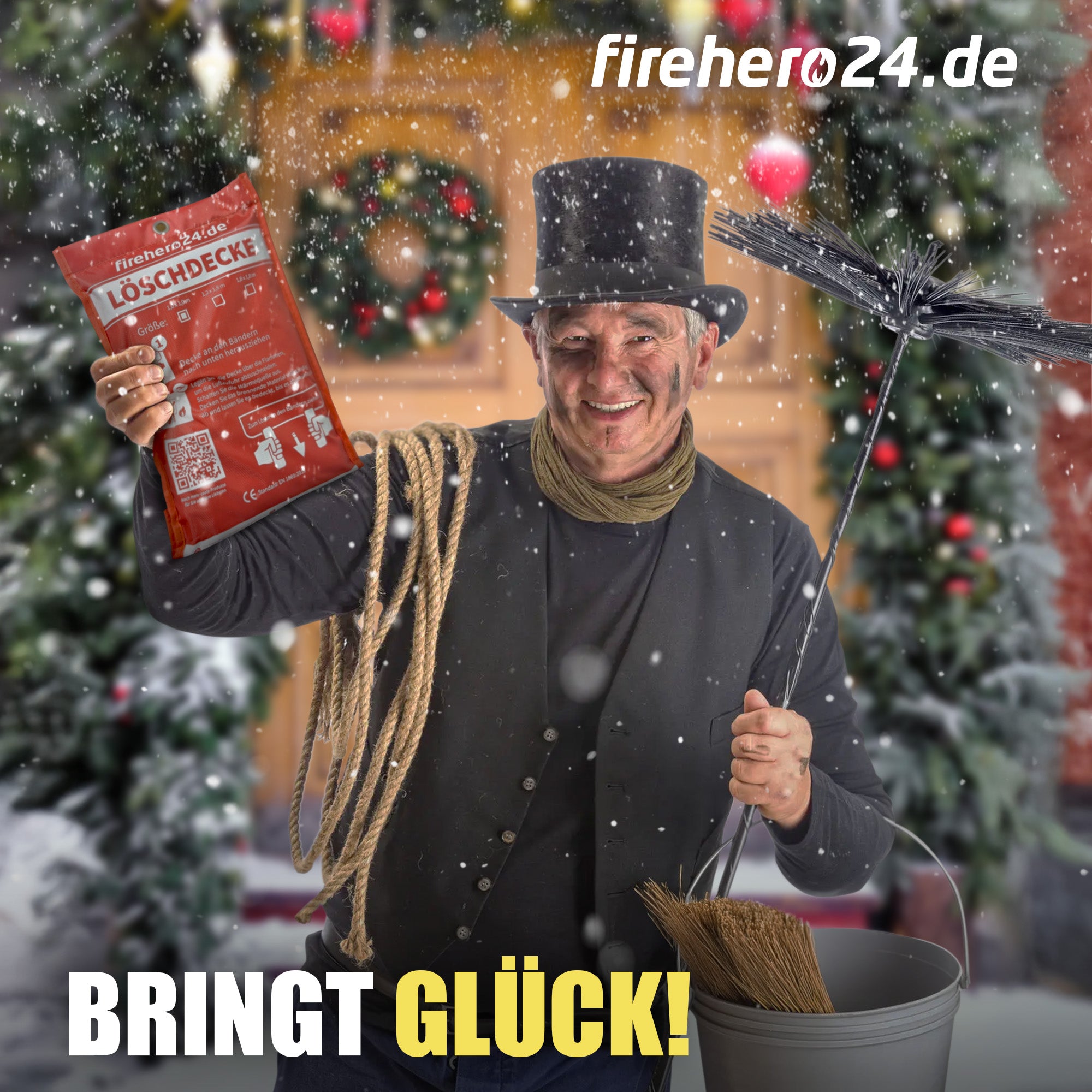 Feuerlöschdecke als modernes Glückssymbol – überreicht vom Schornsteinfeger vor weihnachtlichem Zuhause