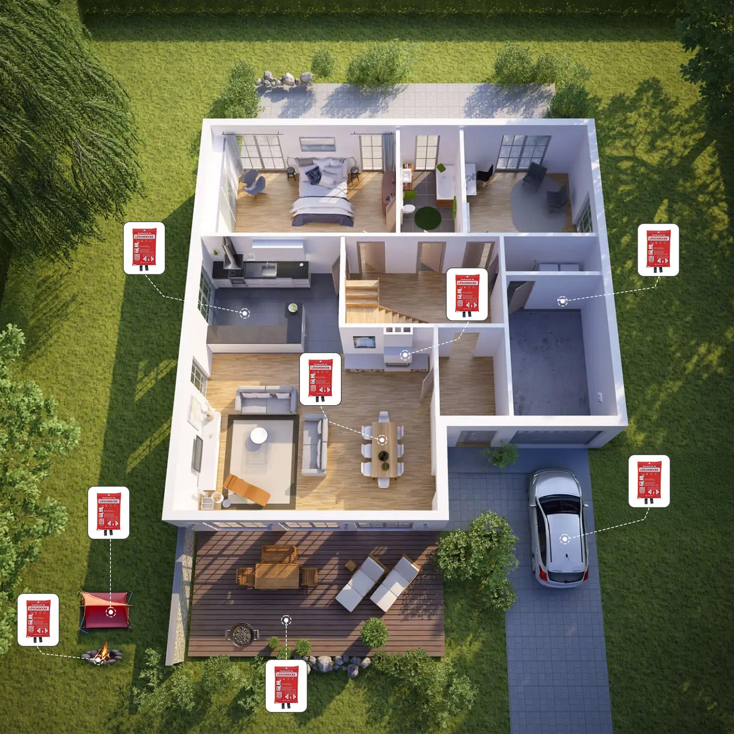Schematische Darstellung eines Hauses mit Feuerlöschdecke als Brandschutzmaßnahme im Haushalt